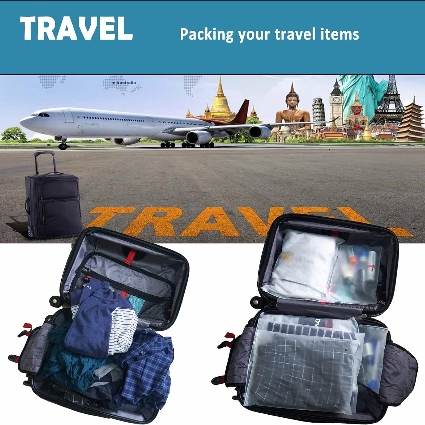 (20 pcs Value Pack) Travel Luggage Organizer Bags, Assorted Sizes, 4Mil Resealable Slider Zip Plastic Clothing Packaging, Frosted Travel/Home Storage and organizing Pouches, Space Saver Bag