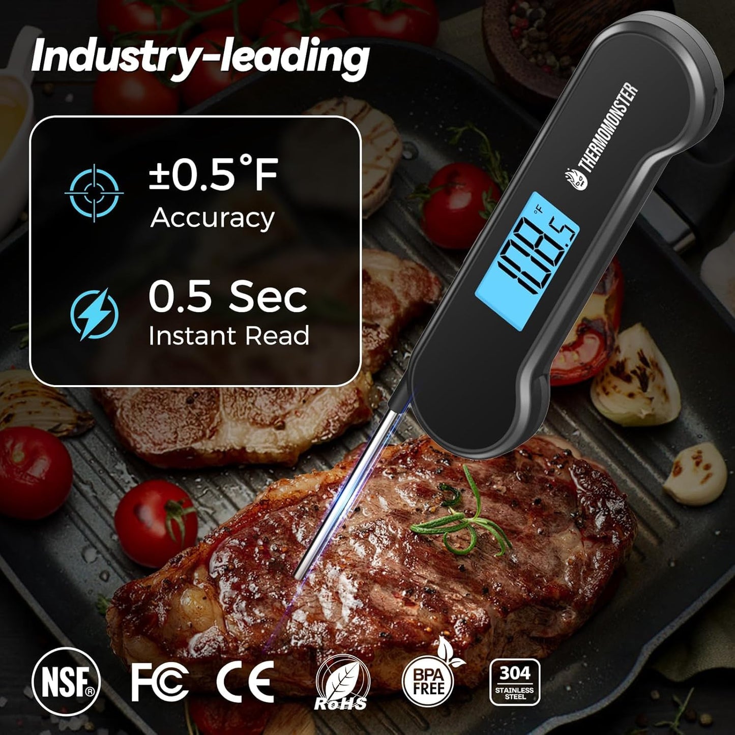 0.5 Sec Instant Read Meat Thermometer Digital with ±0.5℉ Precision, Food Thermometer for Cooking Kitchen Gadgets, Oven Grill Candy BBQ Essentials Accessories, Gifts for Him Dad Men Birthday, Black